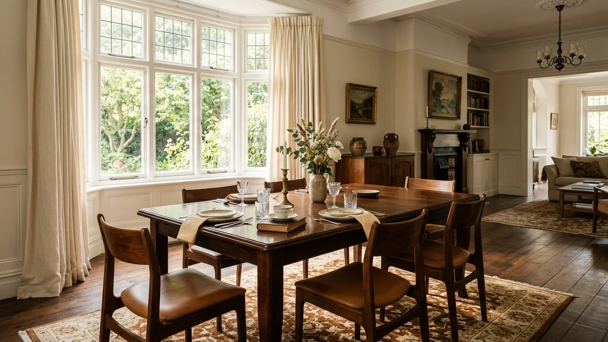 Interior elegante de residência familiar com mesa de jantar e luz natural suave, simbolizando a proteção da moradia